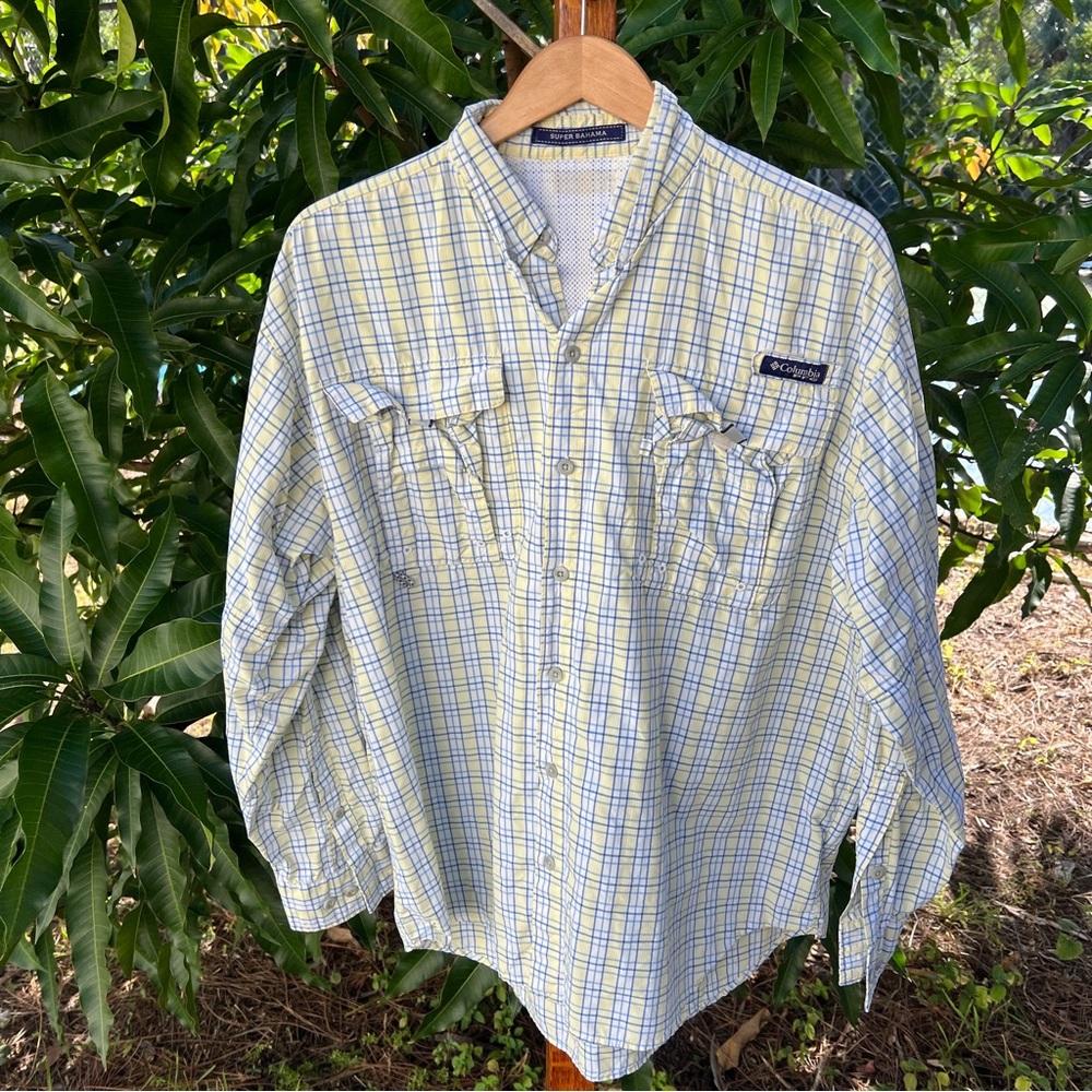 Columbia PFG Fishing Shirt Mens Large Super Bahama Plaid Omni-Shade Button Down